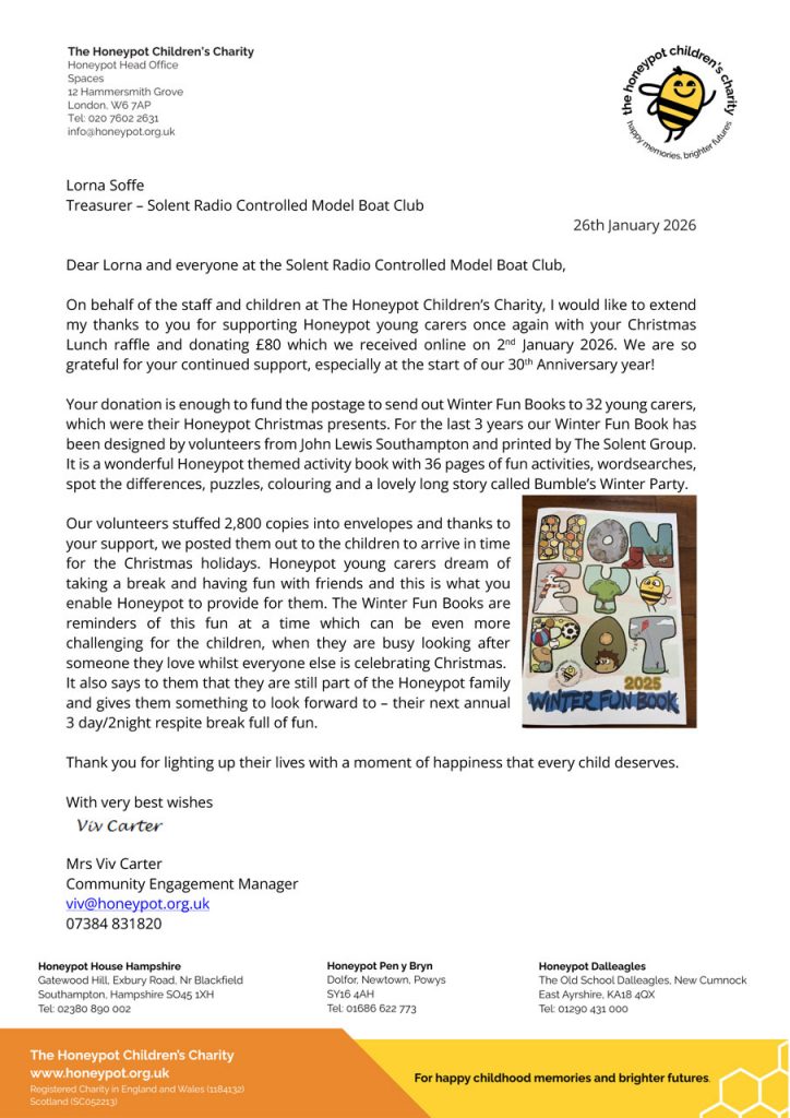 Thank you letter Solent Radio Controlled Model Boat Club 26 Jan 2026